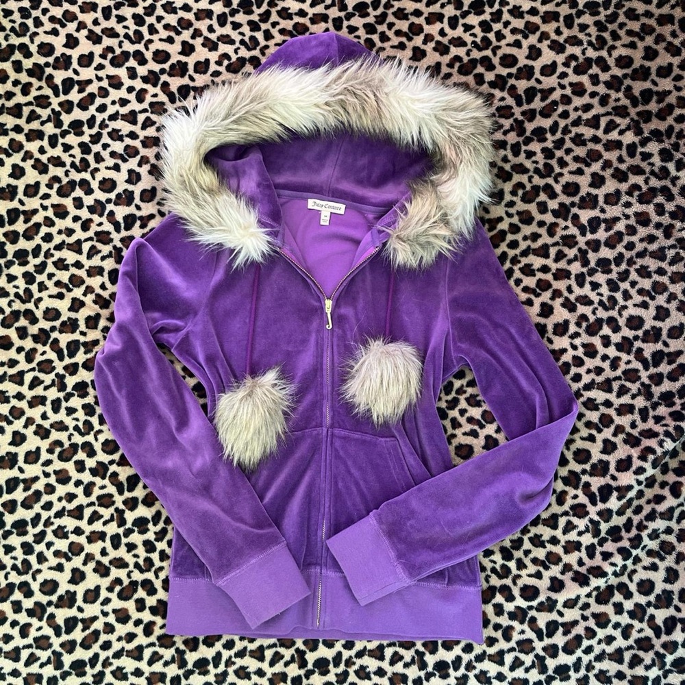 Juicy Couture Purple Hoodie with Fur Trim and pom poms